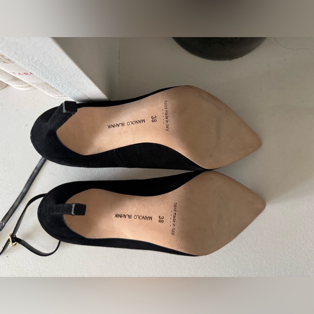 Manolo Blahnik Black Suede Pointed Toe Pumps with Ankle Tie